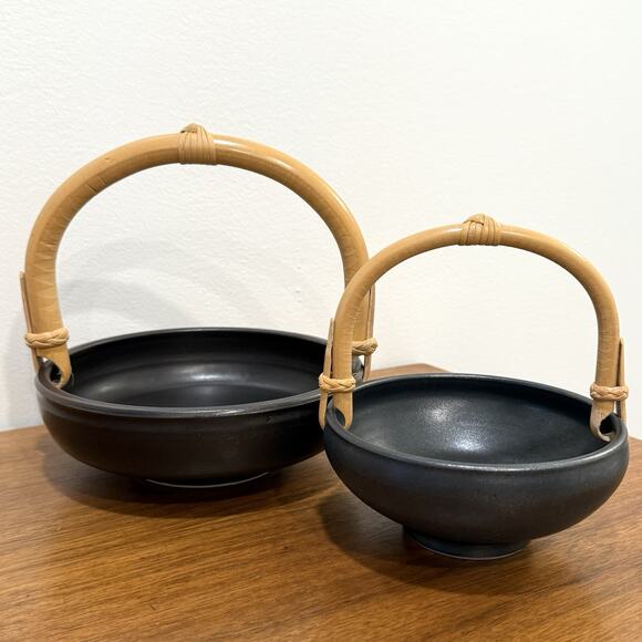 Paddy McNeely Studio Pottery Bowl Set Wood Handles Signed Matte Black Ceramic